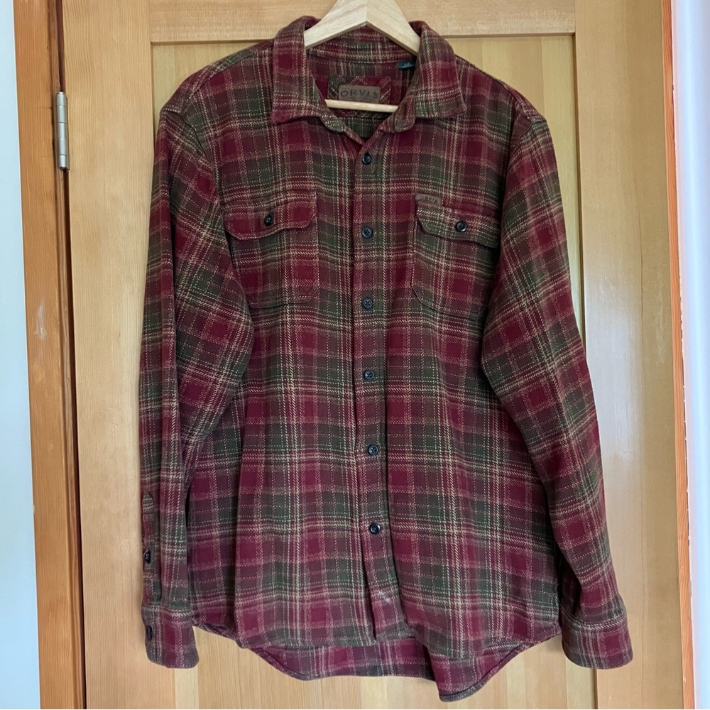 Orvis Burgundy and Olive Plaid Flannel Shirt